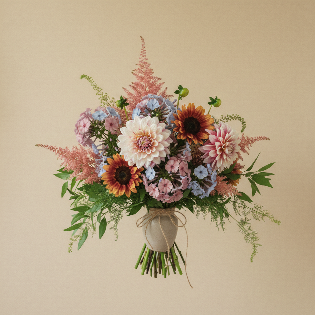 En bukett på 4 blommor med Dahlia 'Strawberry Cream', Höstflox 'Sherbet Blend', Solros 'ProCut Plum F1' (frö).