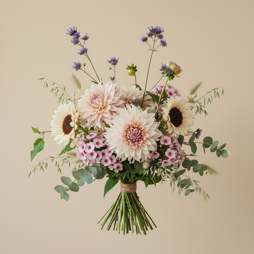 Bukett med dahlia, solros, höstflox i pastellpalett – handbunden svensk sommarbukett