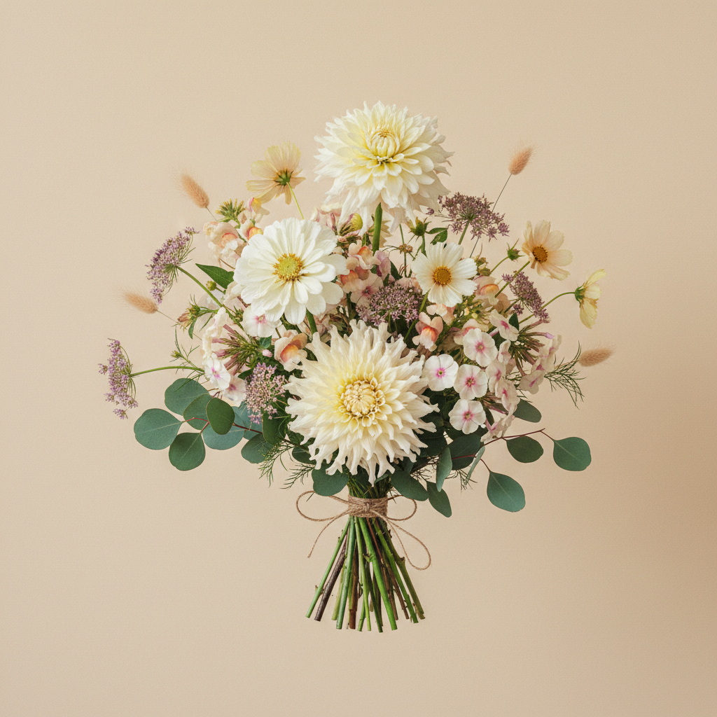 Bukett med zinnia, höstflox, dahlia – handbunden svensk sommarbukett