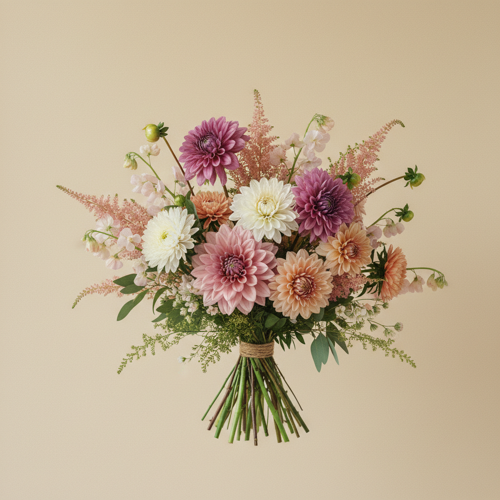 Bukett med dahlia, aster, luktärt – handbunden svensk sommarbukett