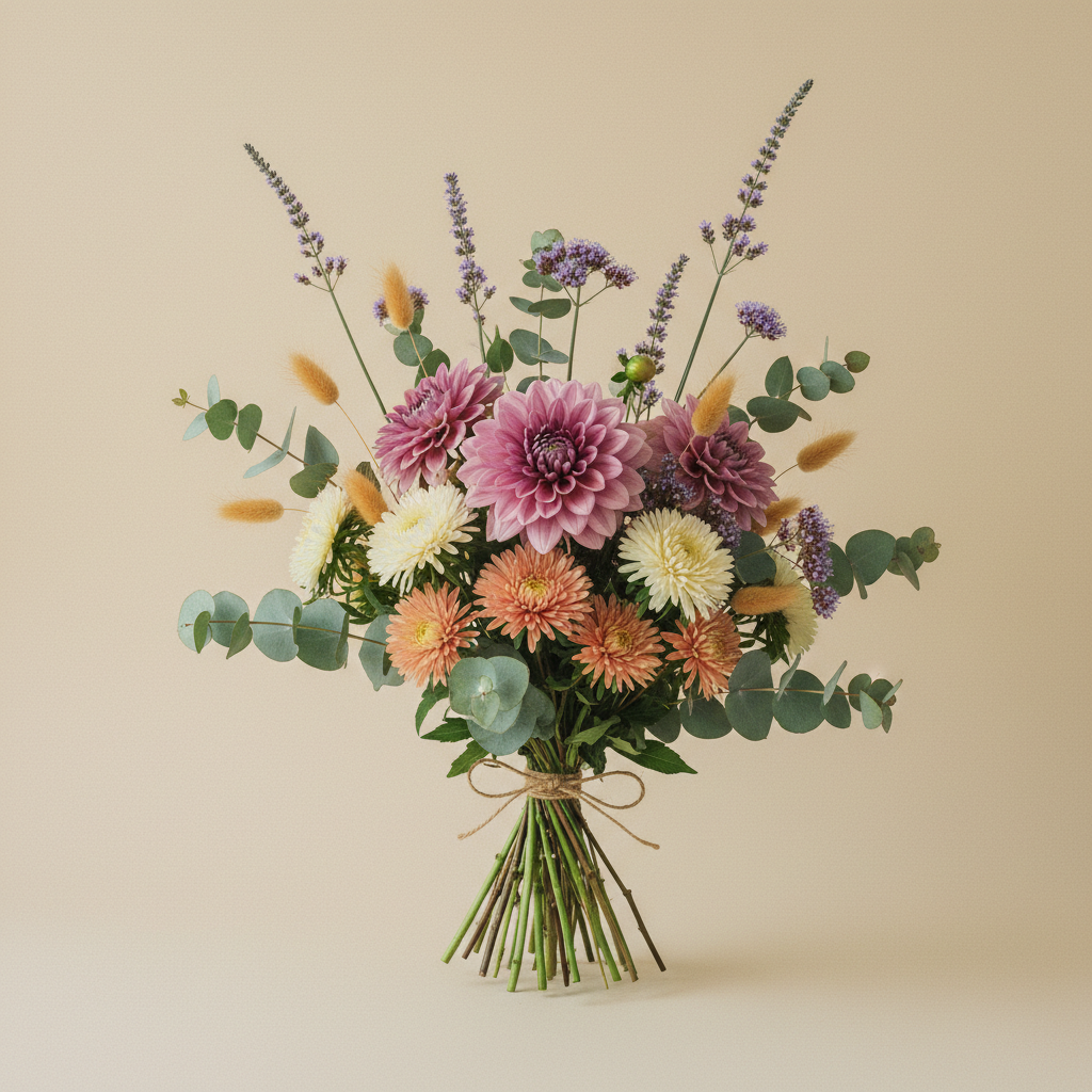 Bukett med dahlia, aster, harsvans i pastellpalett för vardag – handbunden svensk sommarbukett