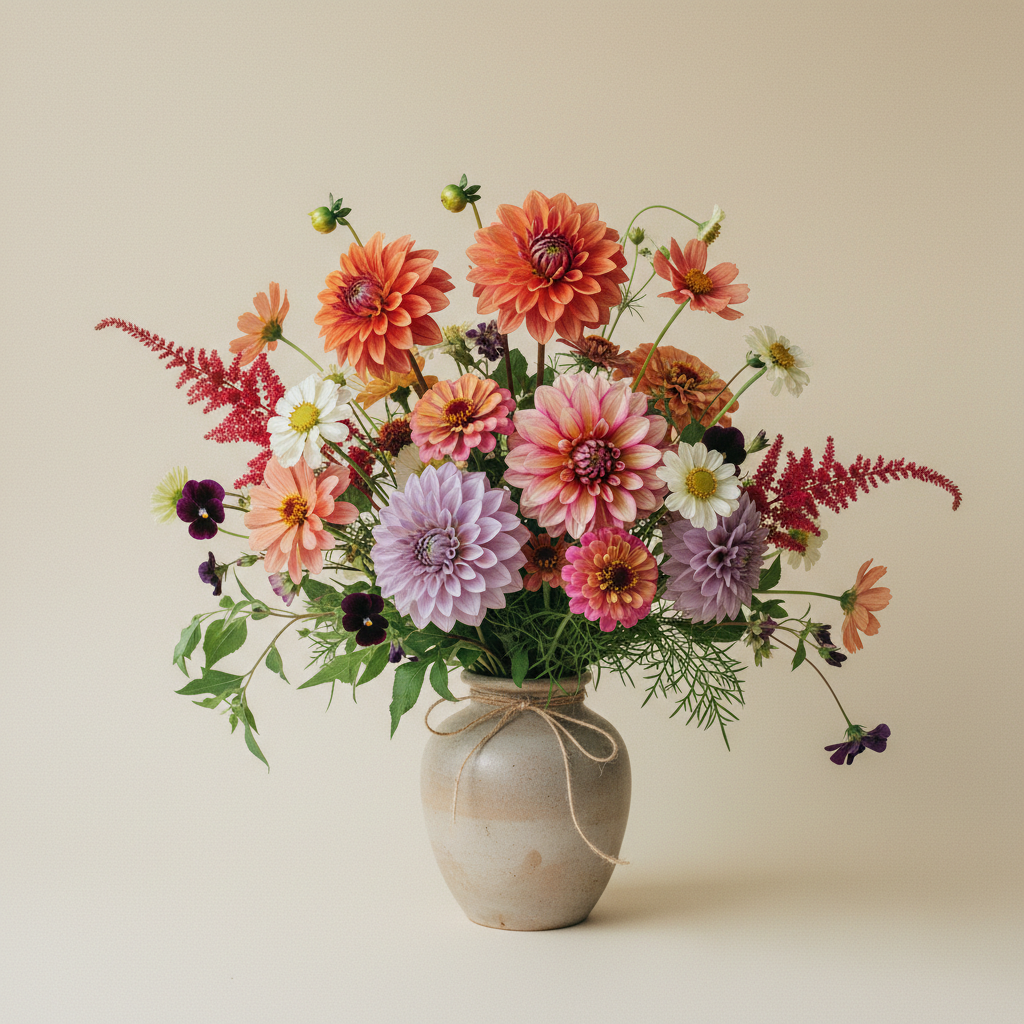 Bukett med dahlia, zinnia, cosmos – handbunden svensk sommarbukett