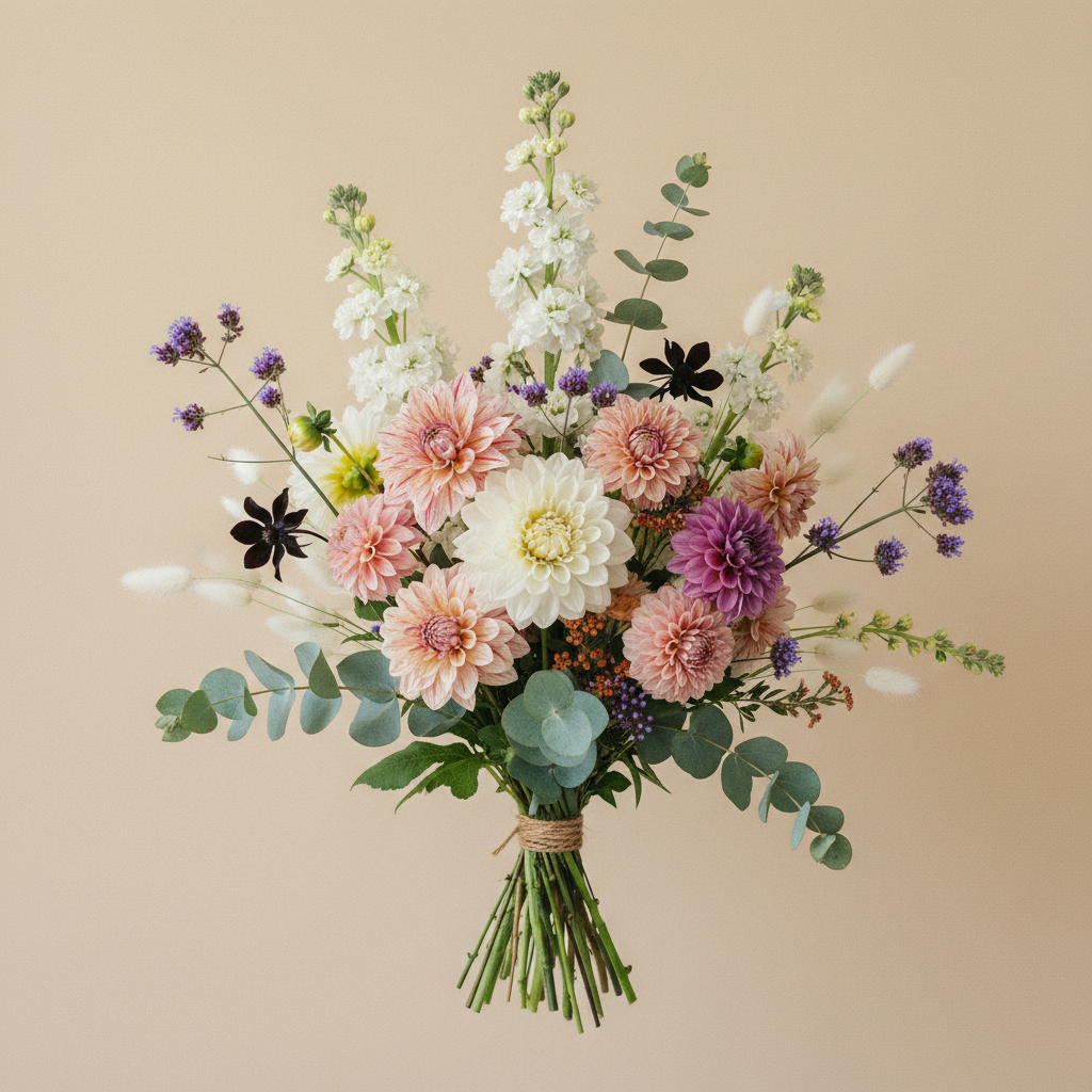 Bukett med dahlia, stockros, akleja – handbunden svensk sommarbukett