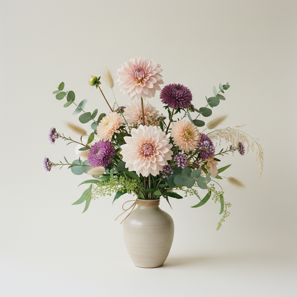 Bukett med dahlia, aster, eucalyptus i pastellpalett för vardag – handbunden svensk sommarbukett