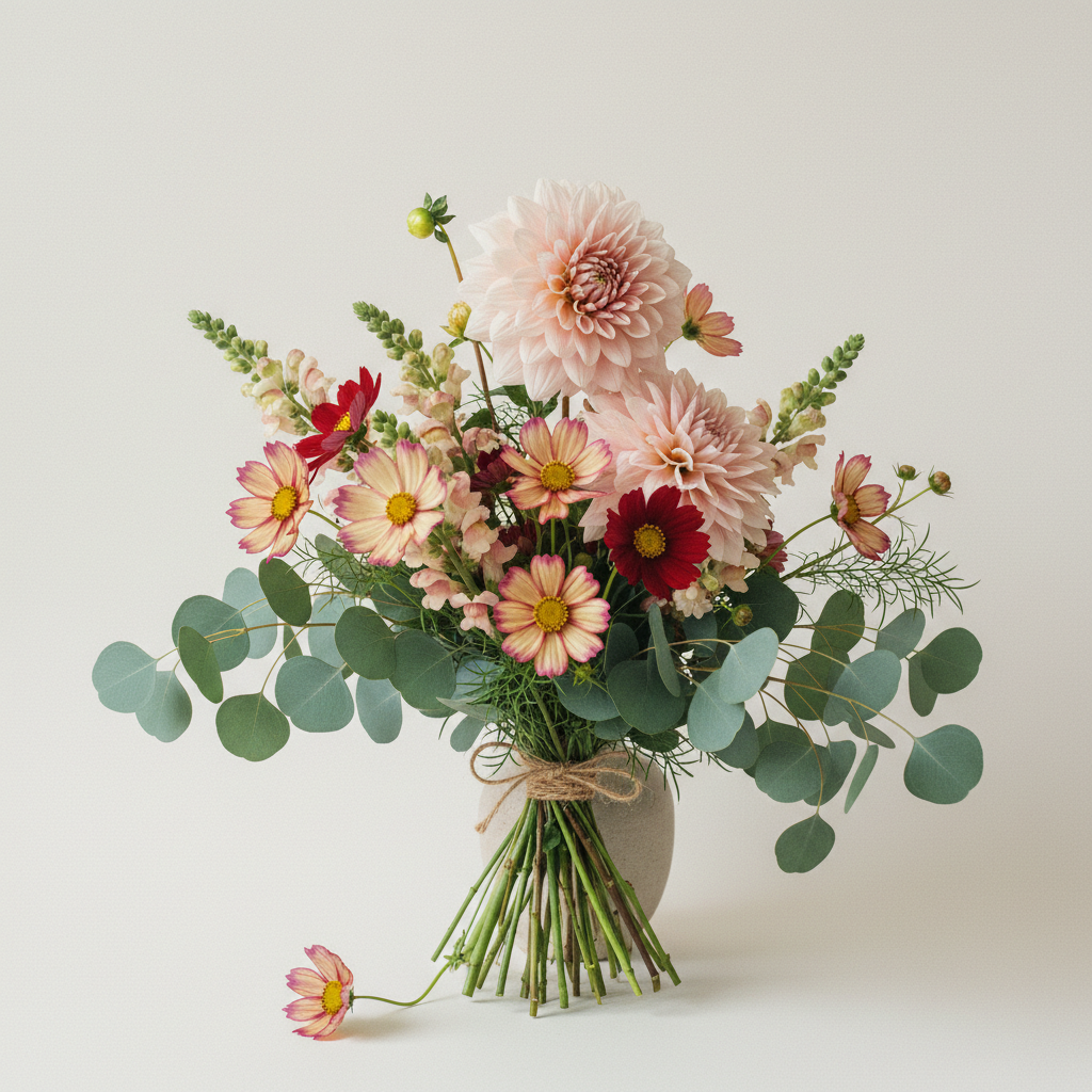 En bukett på 5 blommor med Dahlia 'Cafe au Lait'.