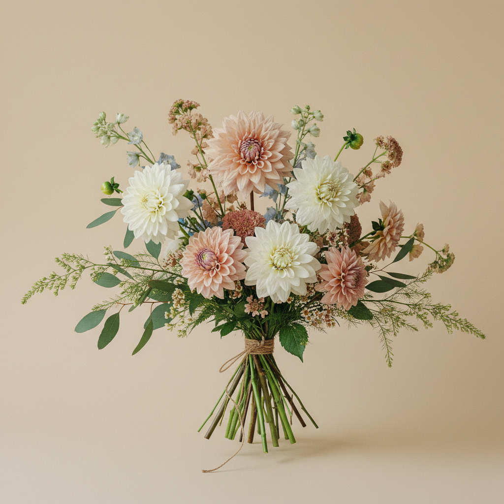Bukett med dahlia – handbunden svensk sommarbukett