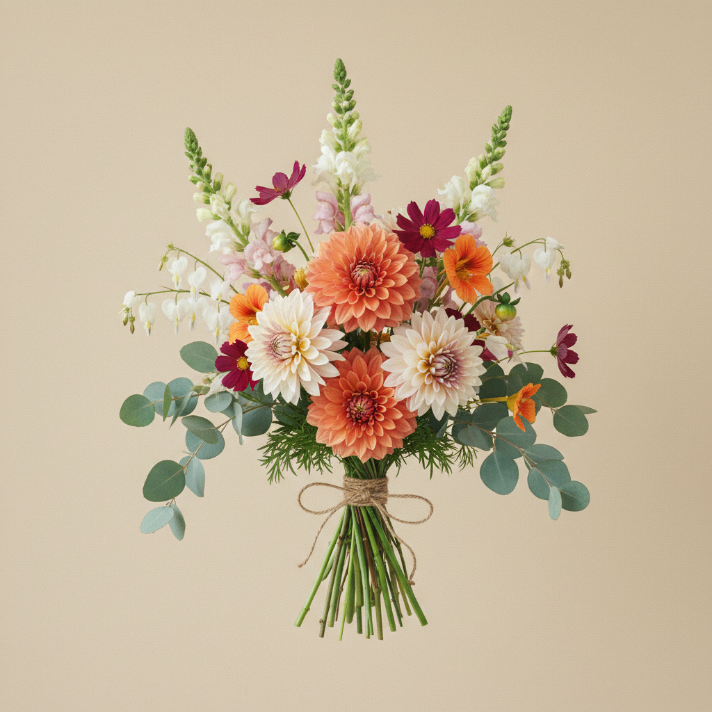 Bukett med dahlia, löjtnantshjärta, cosmos – handbunden svensk sommarbukett