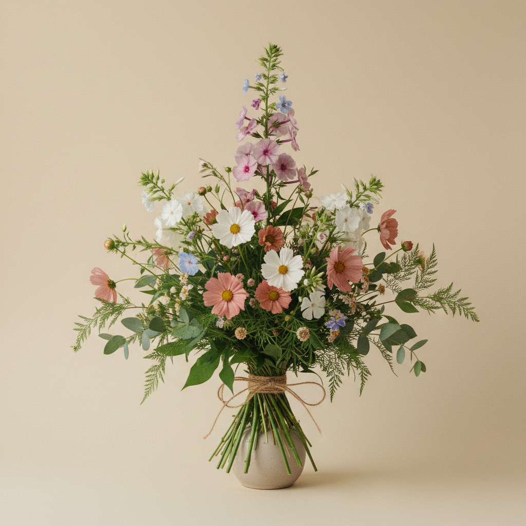 En bukett på 3 blommor med Höstflox 'Rembrandt', Höstflox 'Bright Eyes'.
