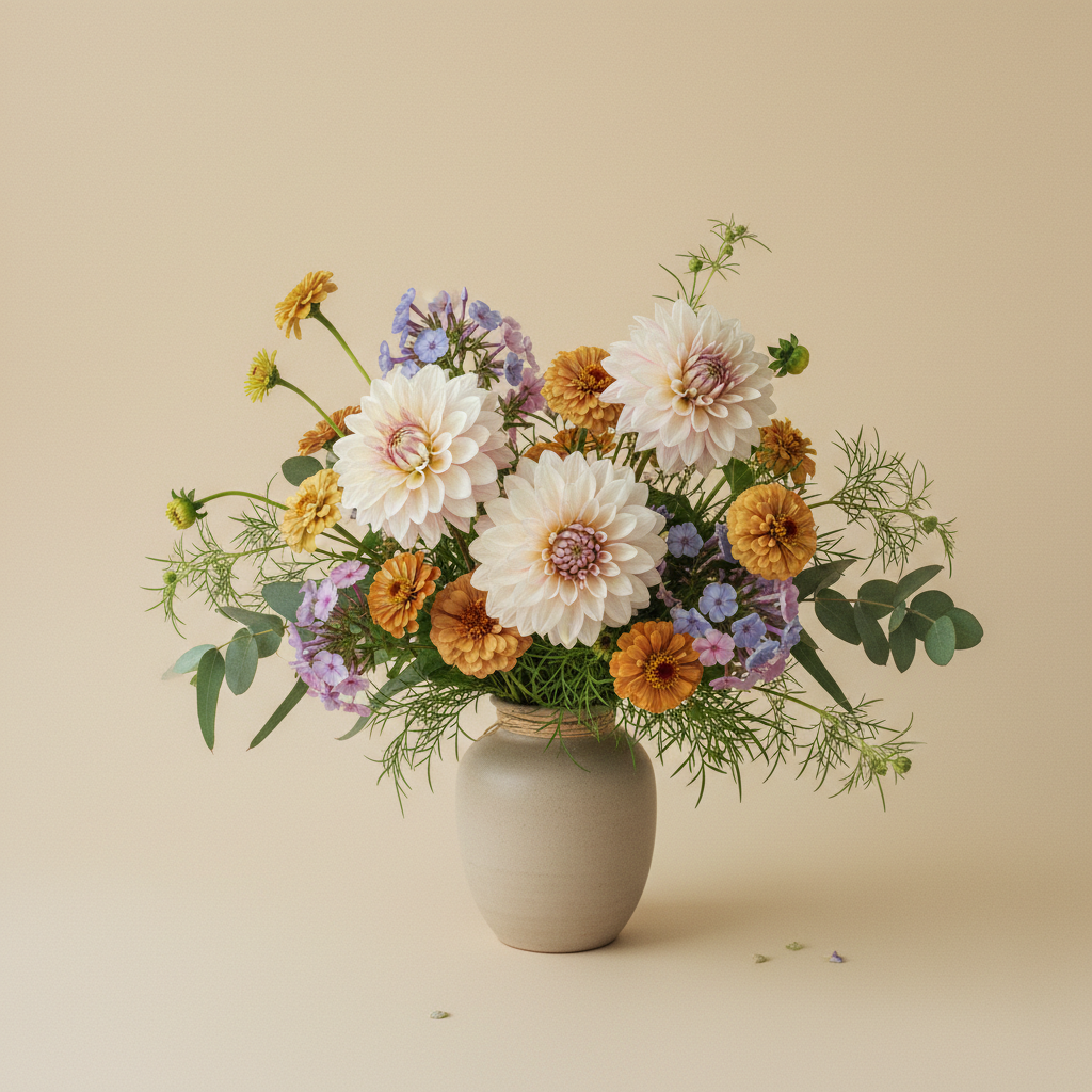 Bukett med dahlia, höstflox, zinnia – handbunden svensk sommarbukett