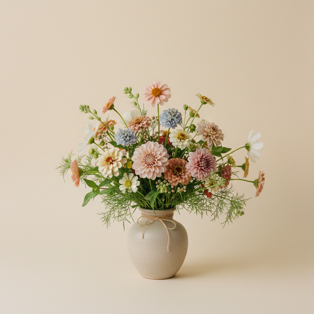 Bukett med dahlia, zinnia, cosmos – handbunden svensk sommarbukett
