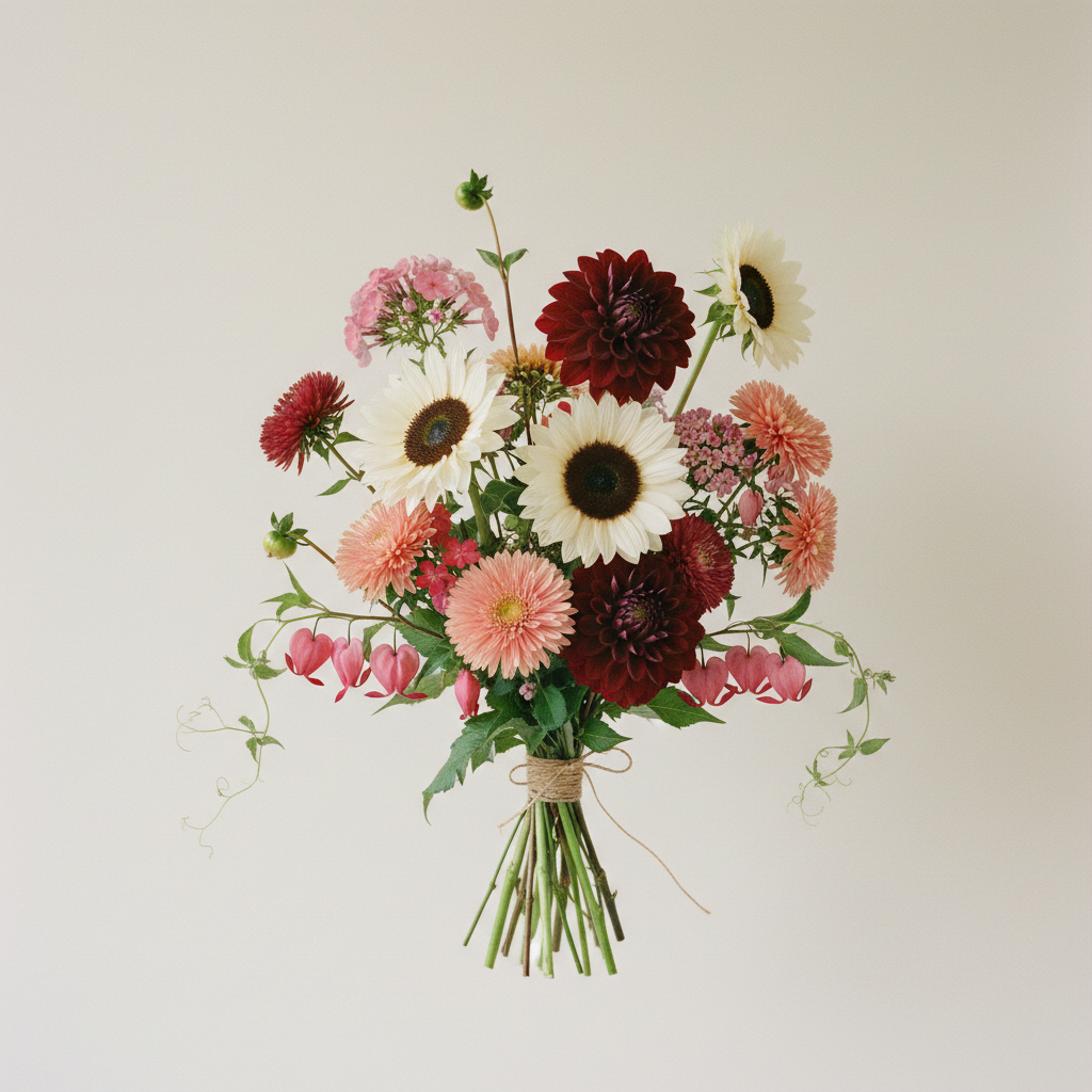 Bukett med dahlia, solros, höstflox – handbunden svensk sommarbukett