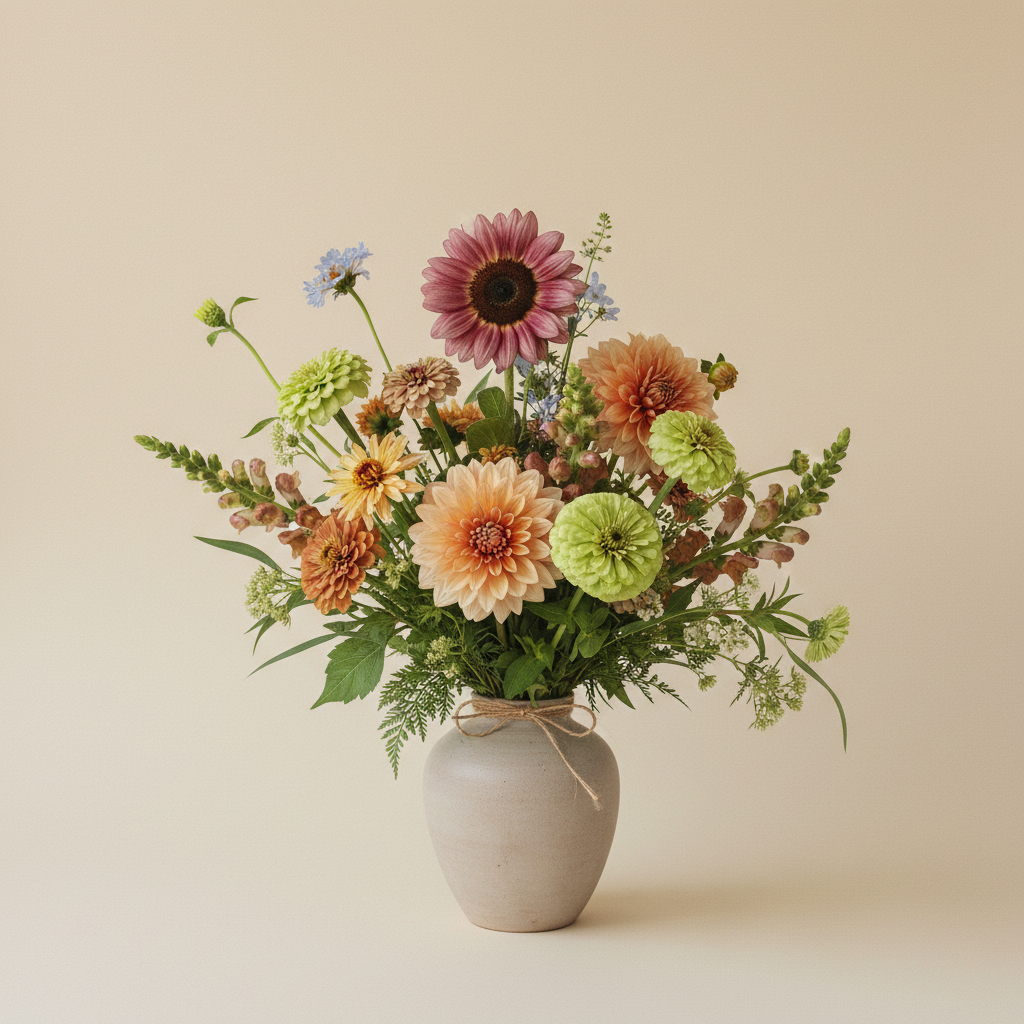 Bukett med solros, dahlia, zinnia i varm palett – handbunden svensk sommarbukett