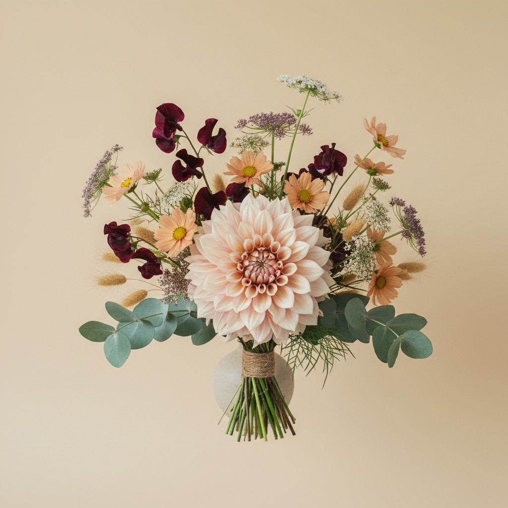 Bukett med dahlia, cosmos, luktärt – handbunden svensk sommarbukett