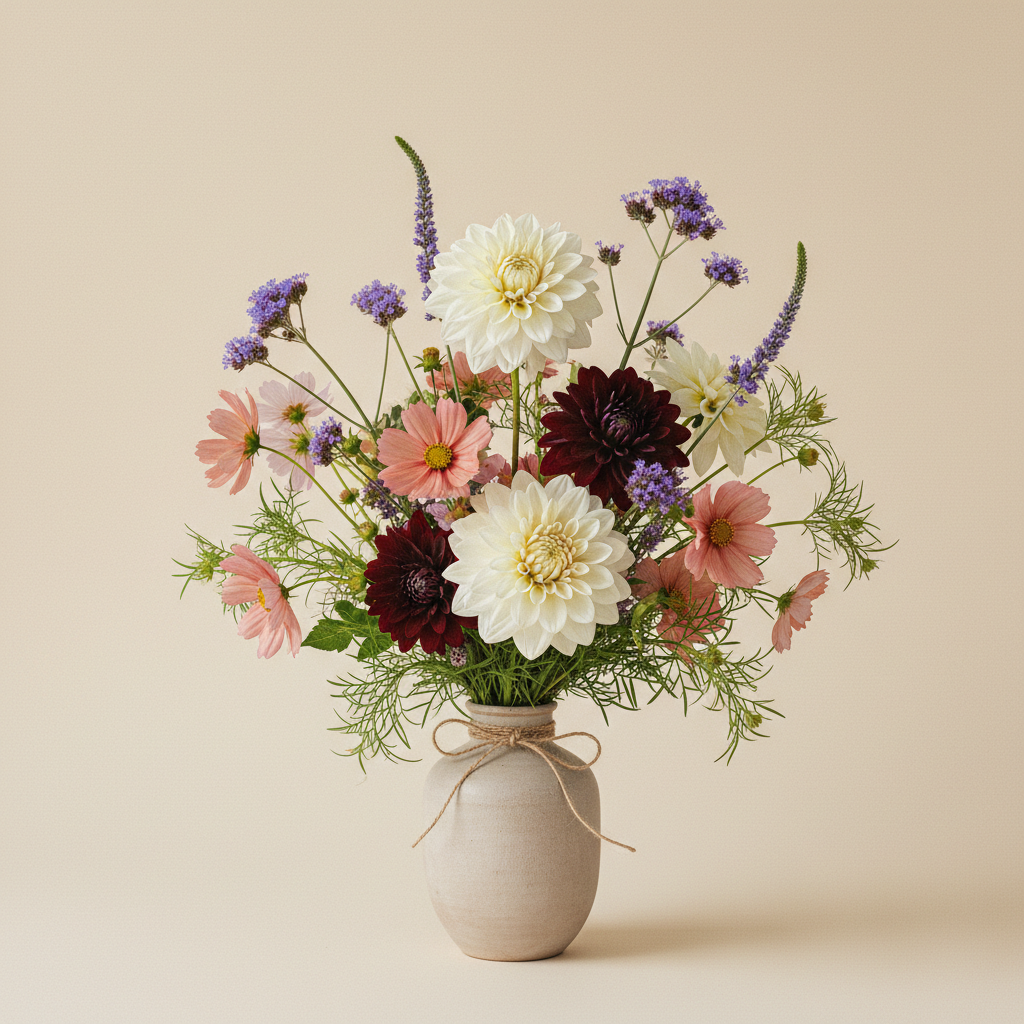 Bukett med dahlia, cosmos, verbena – handbunden svensk sommarbukett