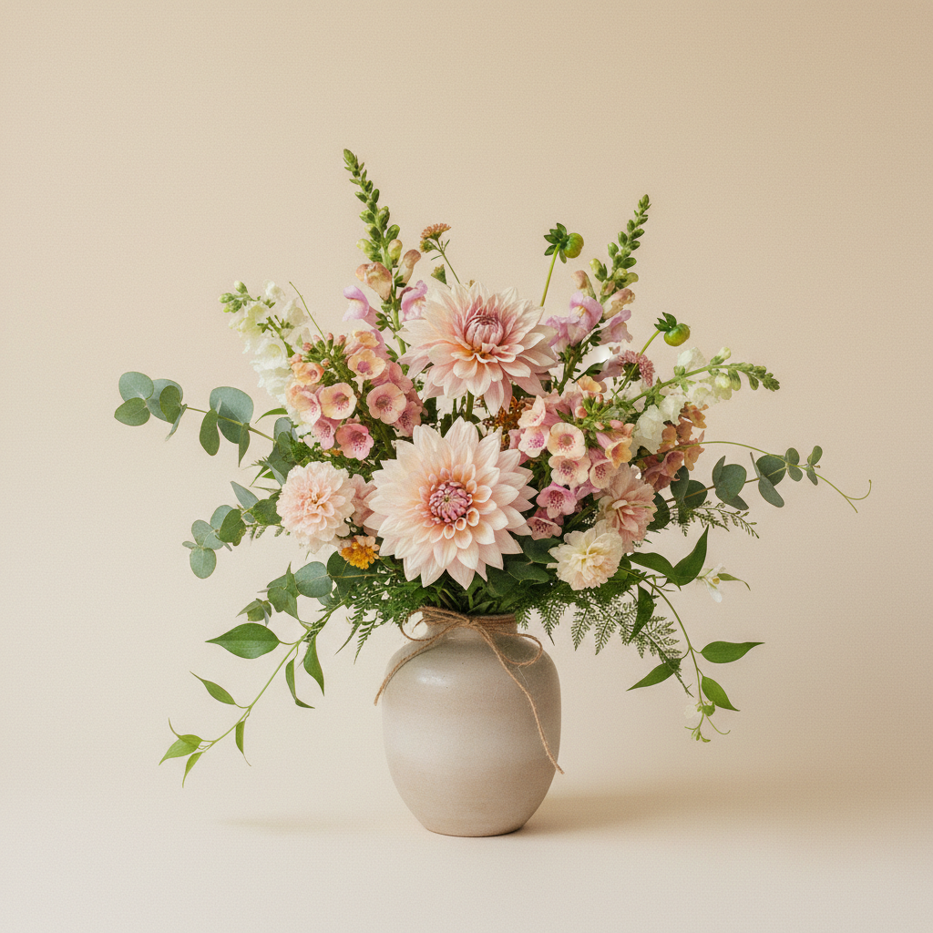 Bukett med dahlia, höstflox, fingerborgsblomma – handbunden svensk sommarbukett