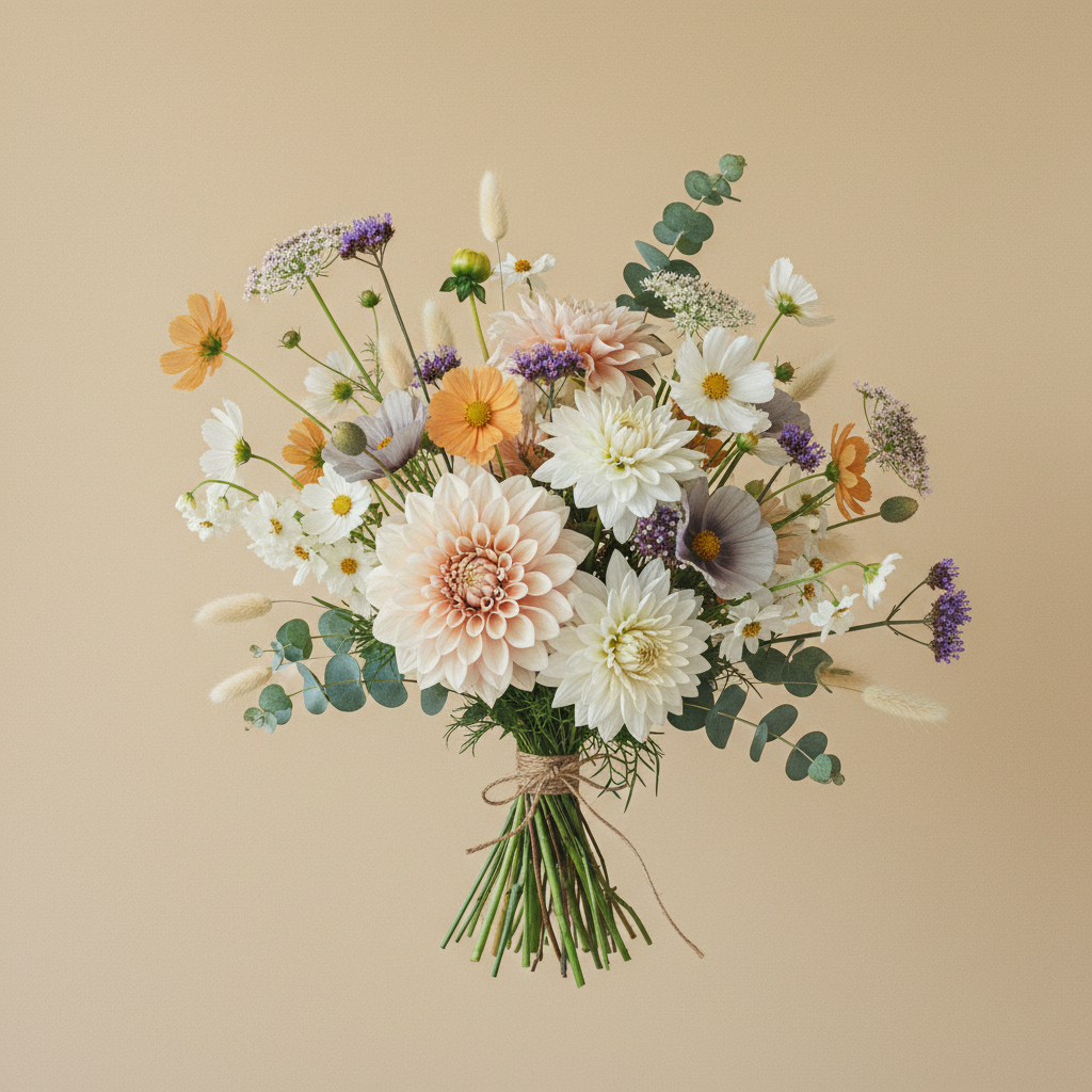 Bukett med dahlia, löjtnantshjärta, cosmos – handbunden svensk sommarbukett