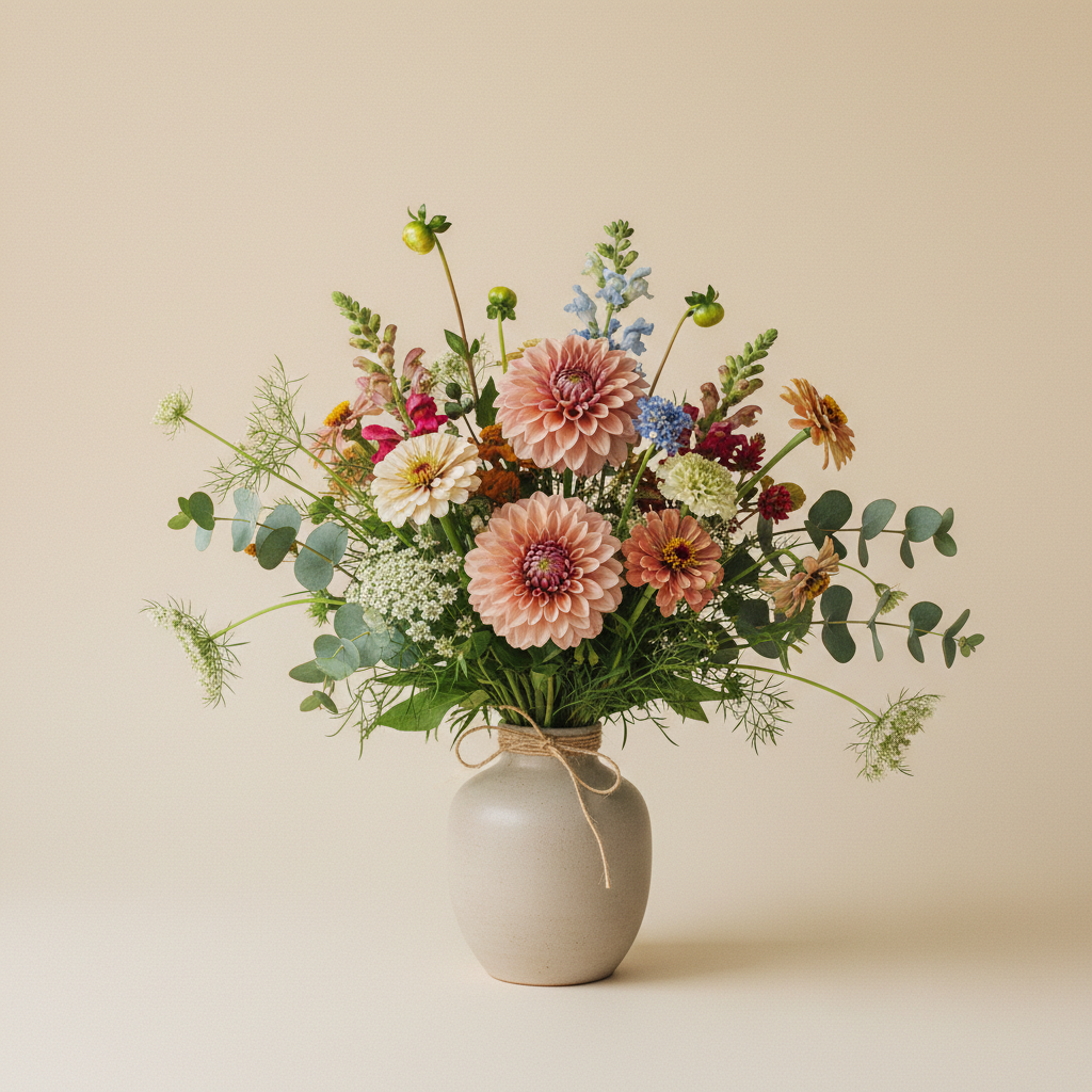 Bukett med dahlia, zinnia, lejongap – handbunden svensk sommarbukett