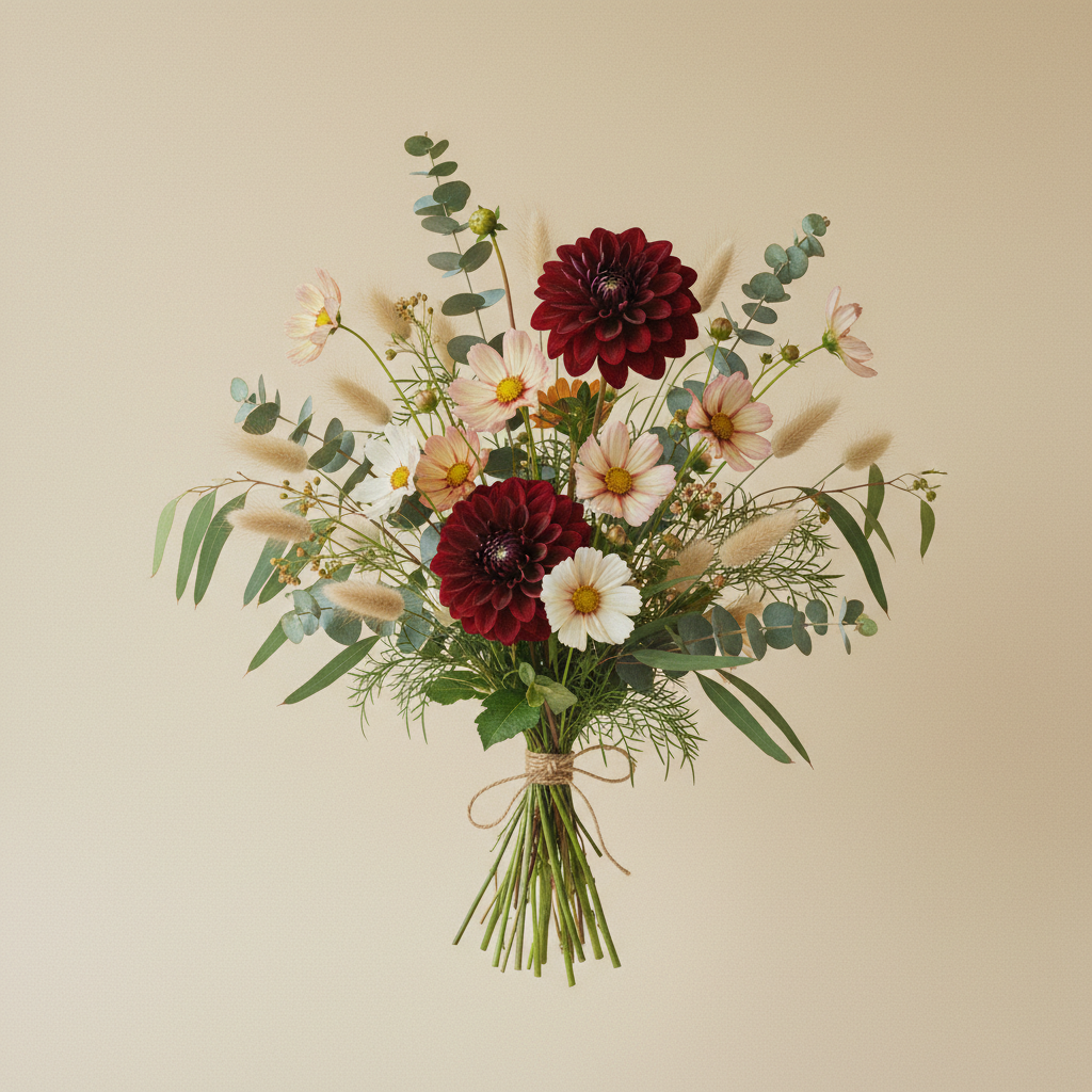Bukett med dahlia, cosmos, eucalyptus – handbunden svensk sommarbukett