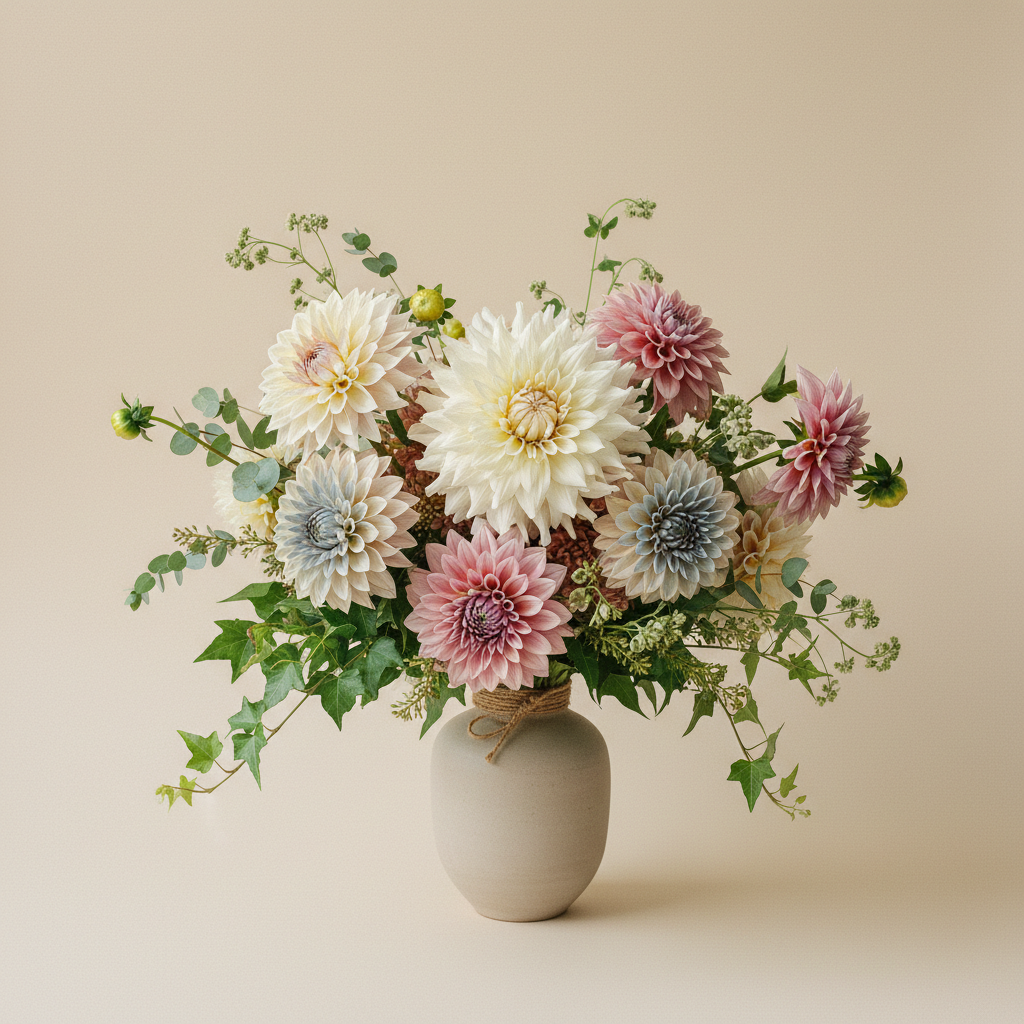 Bukett med dahlia – handbunden svensk sommarbukett