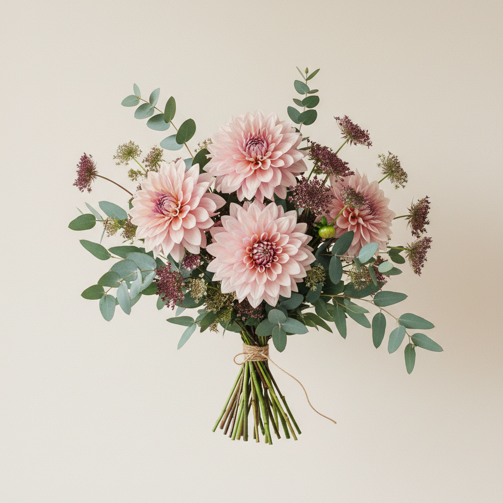 Bukett med dahlia, eucalyptus, vildmorot – handbunden svensk sommarbukett