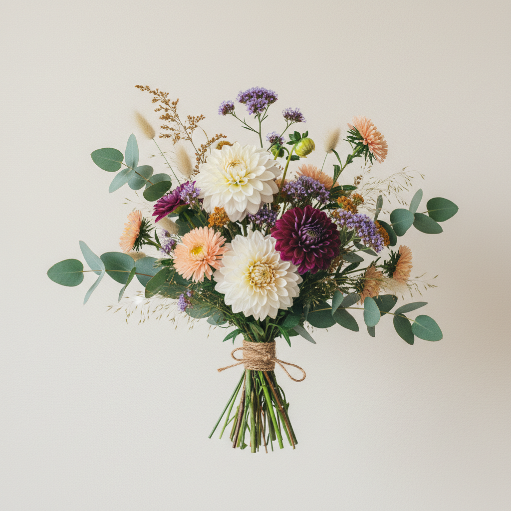 Bukett med dahlia, aster, eucalyptus i pastellpalett för vardag – handbunden svensk sommarbukett