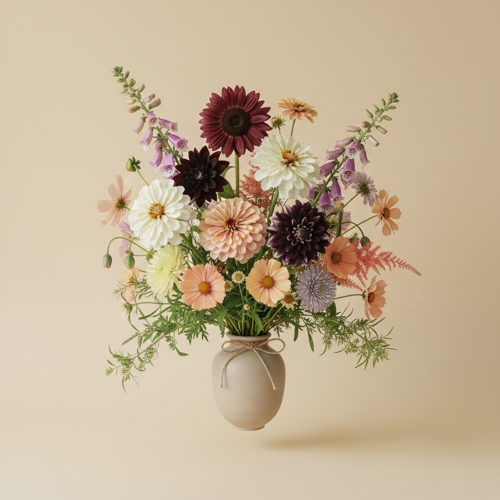 En bukett på 11 blommor med Höstflox 'Sherbet Blend', Solros 'ProCut Plum F1' (frö), Zinnia 'Benary's Giant White' (frö).
