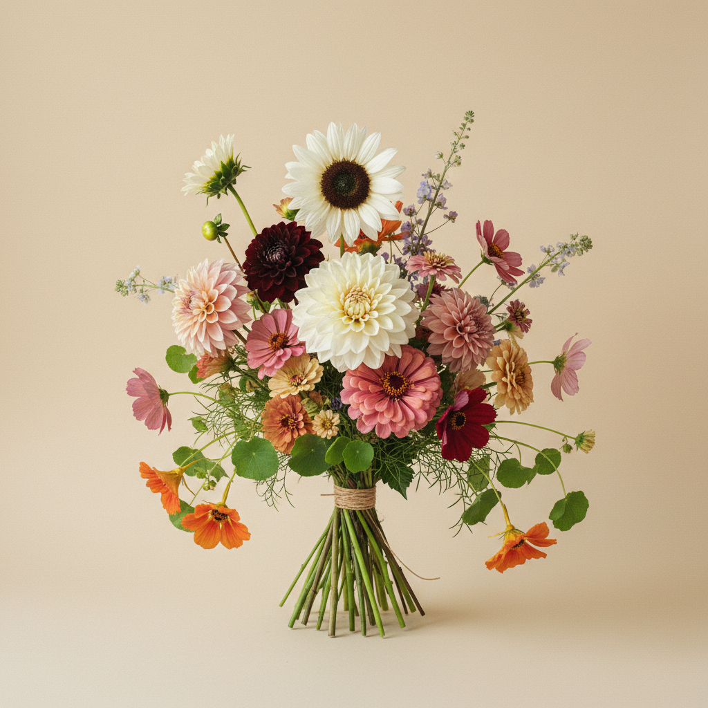 Bukett med dahlia, solros, zinnia – handbunden svensk sommarbukett