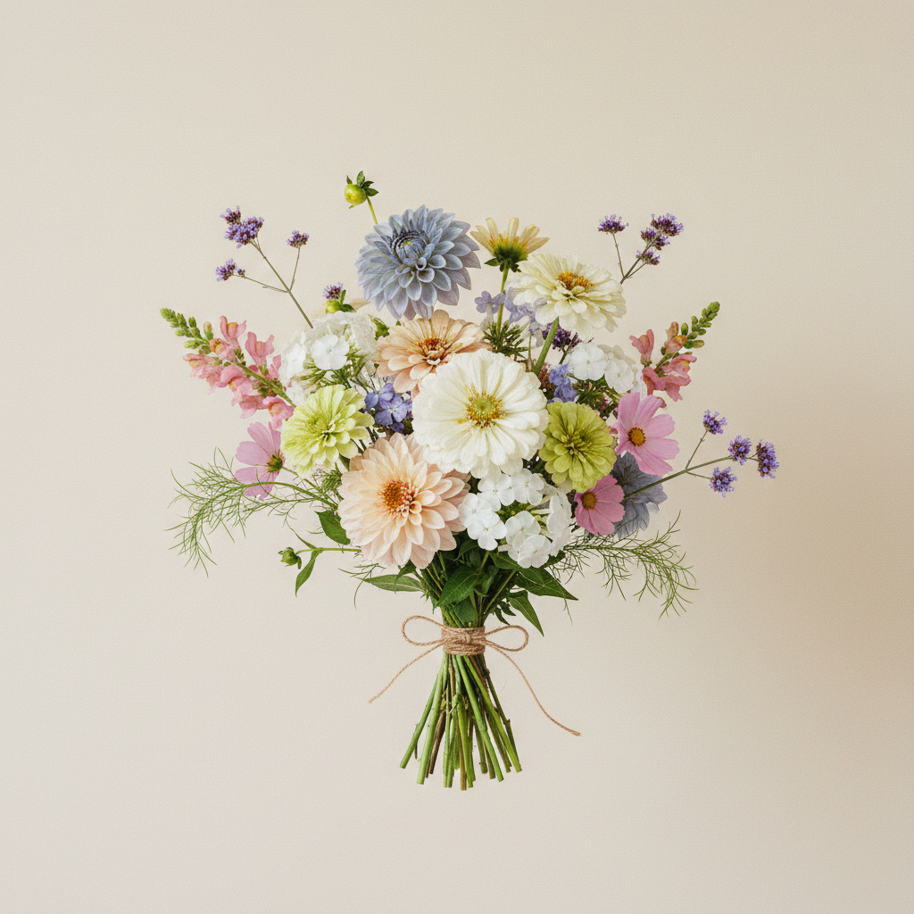 Bukett med dahlia, zinnia, höstflox – handbunden svensk sommarbukett