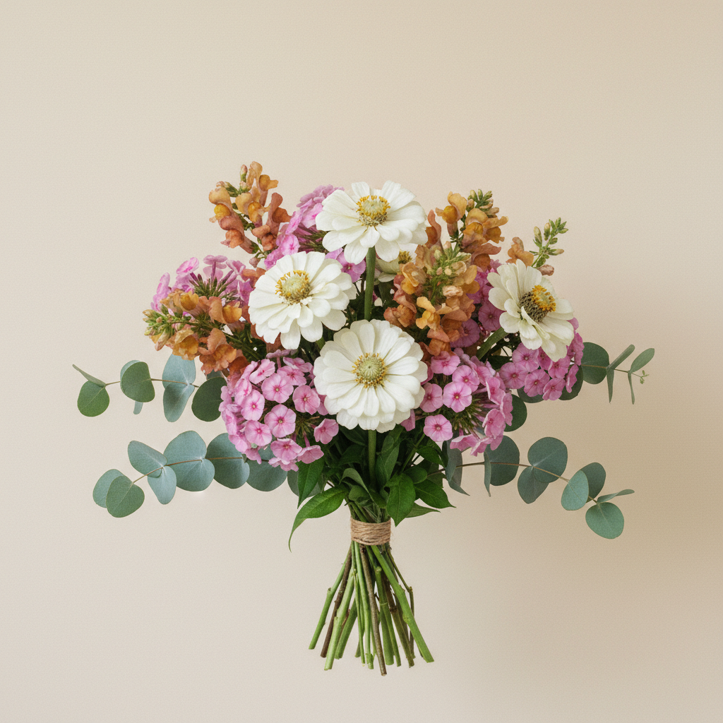 Bukett med zinnia, höstflox, lejongap – handbunden svensk sommarbukett
