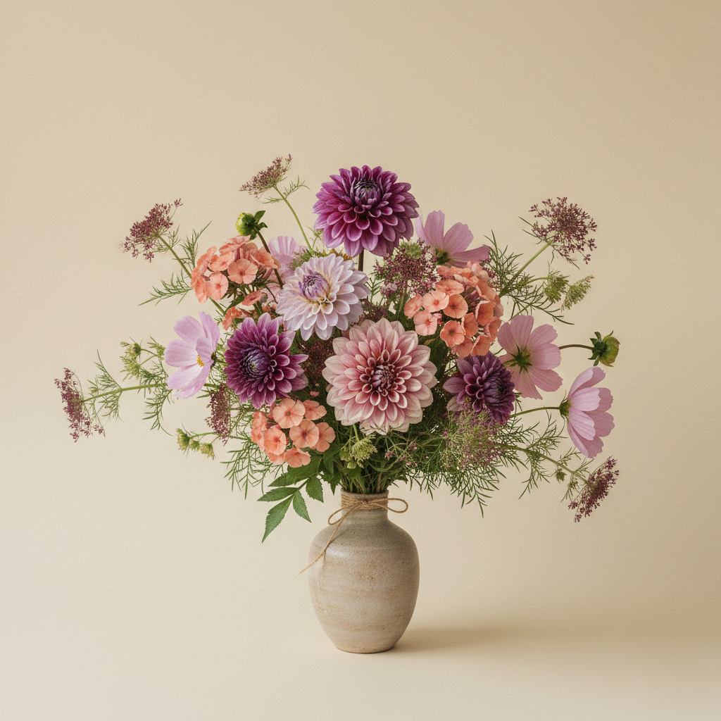 Bukett med dahlia, höstflox, cosmos – handbunden svensk sommarbukett