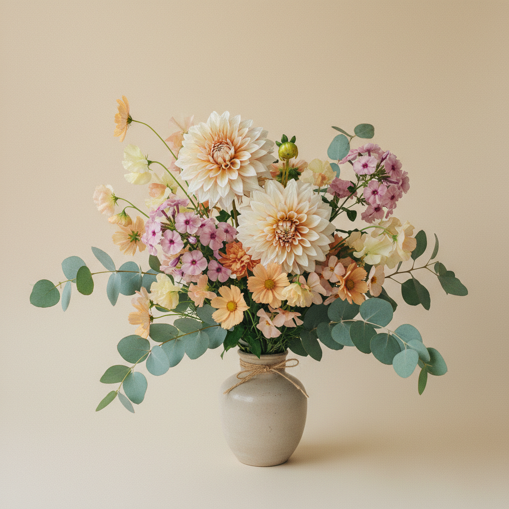 Bukett med höstflox, dahlia, luktärt i pastellpalett – handbunden svensk sommarbukett