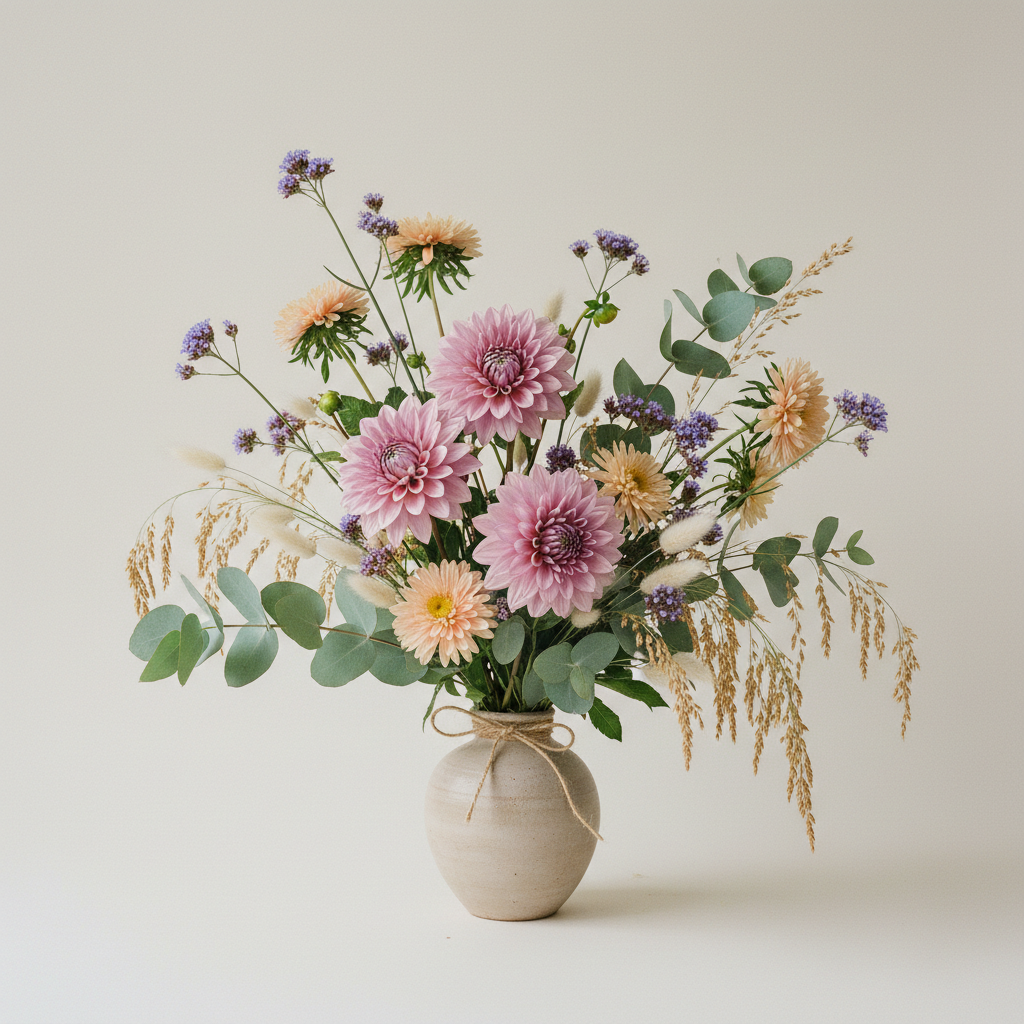 Bukett med dahlia, aster, harsvans i pastellpalett för vardag – handbunden svensk sommarbukett