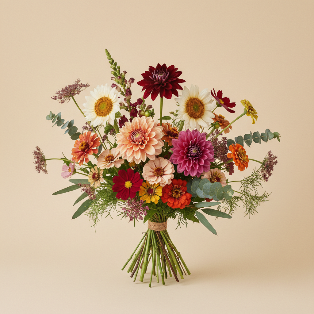 Bukett med dahlia, solros, zinnia – handbunden svensk sommarbukett
