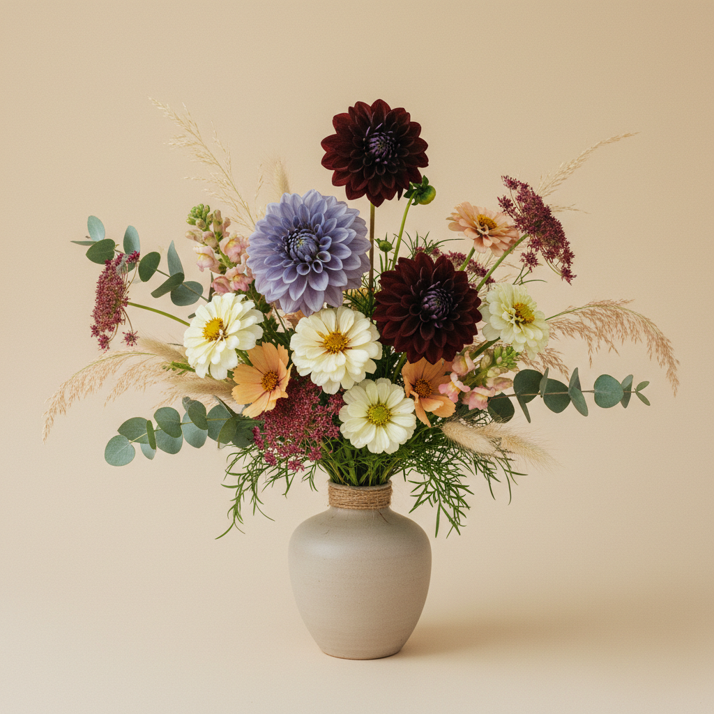 Bukett med dahlia, zinnia, cosmos – handbunden svensk sommarbukett