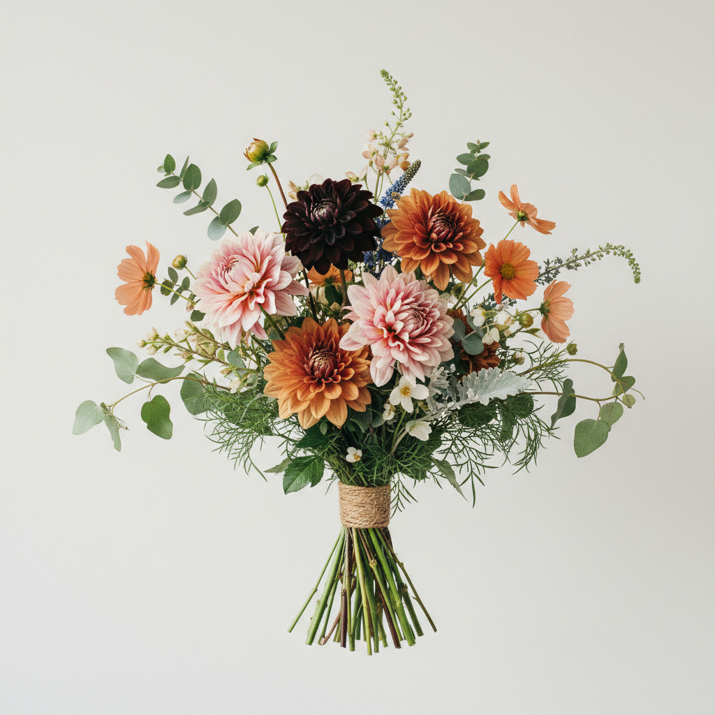 Bukett med dahlia, cosmos – handbunden svensk sommarbukett