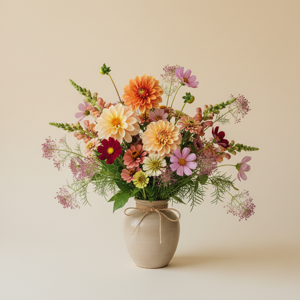 Bukett med dahlia, zinnia, lejongap – handbunden svensk sommarbukett
