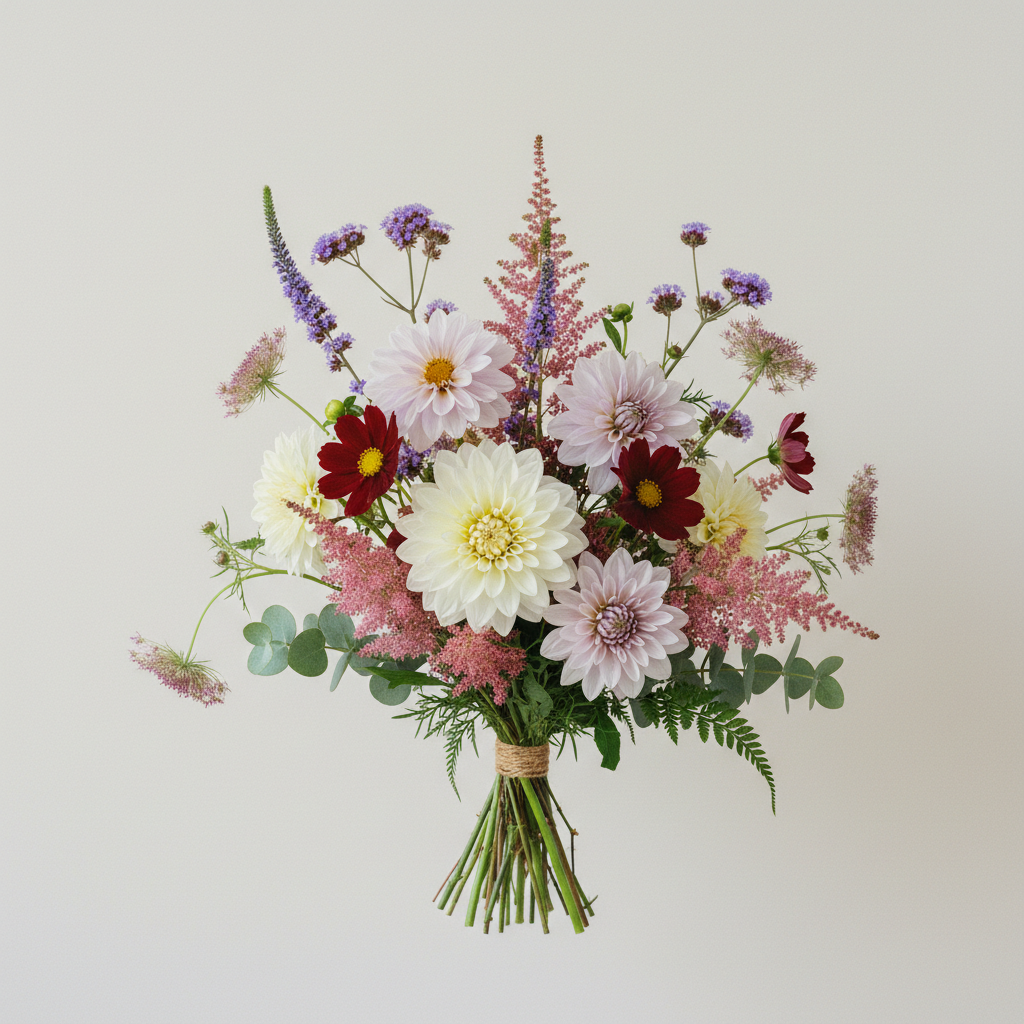 Bukett med dahlia, cosmos, astilbe – handbunden svensk sommarbukett