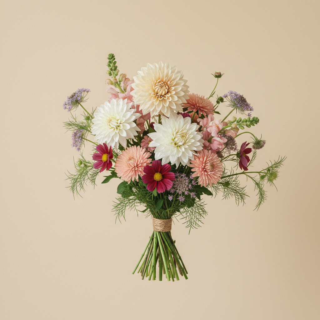 Bukett med dahlia, aster, cosmos – handbunden svensk sommarbukett