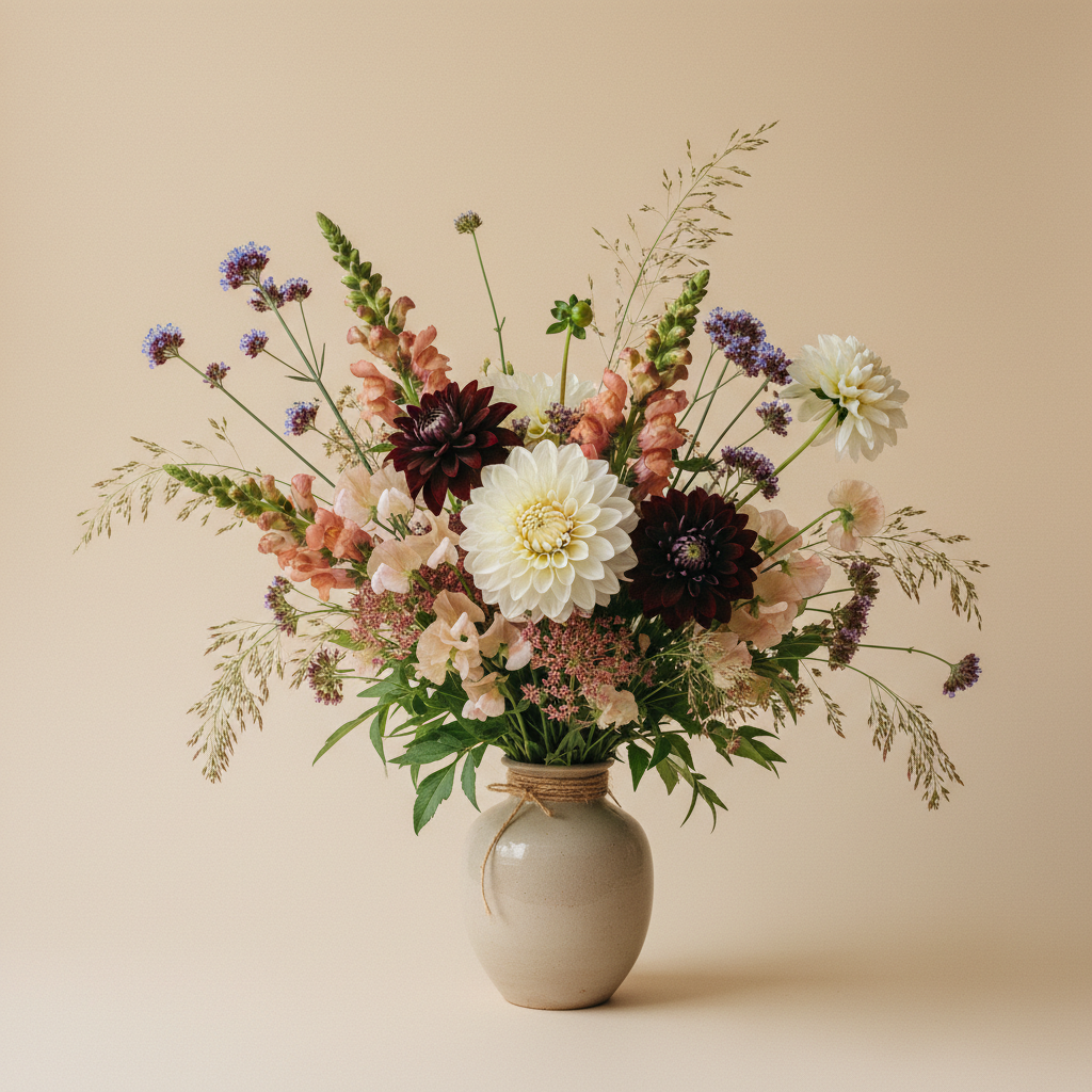 Bukett med dahlia, lejongap, luktärt – handbunden svensk sommarbukett