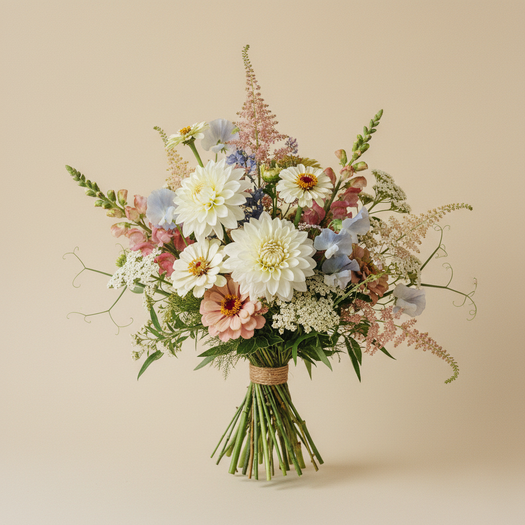 Bukett med dahlia, zinnia, lejongap – handbunden svensk sommarbukett