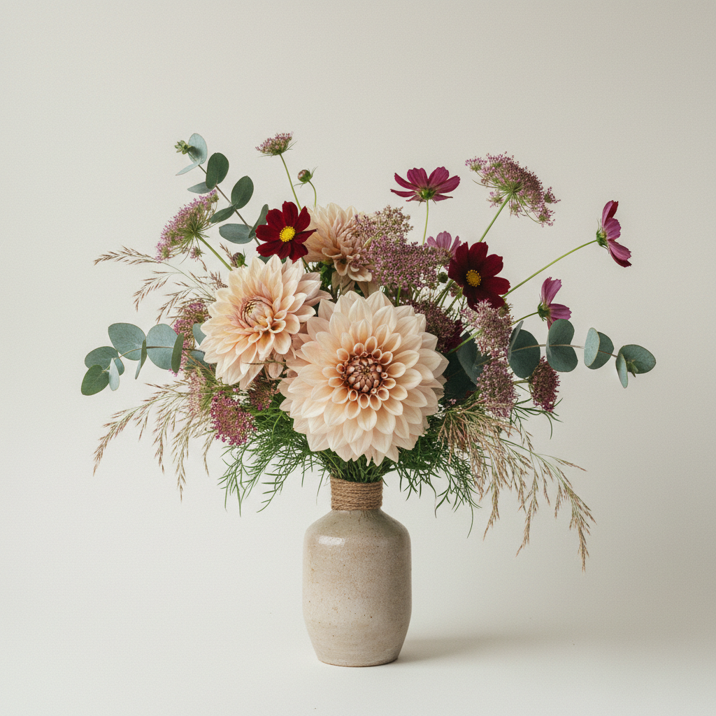 En bukett på 5 blommor med Dahlia 'Cafe au Lait'.