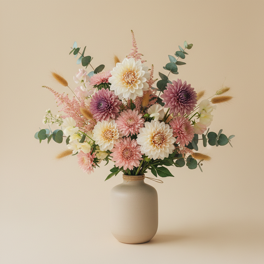 Bukett med dahlia, aster, luktärt – handbunden svensk sommarbukett