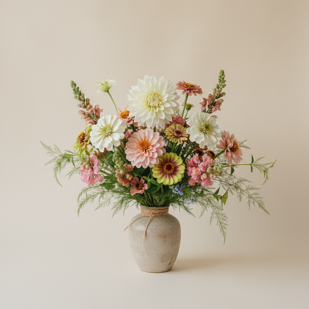 En bukett på 7 blommor med Dahlia 'Eveline', Zinnia 'Benary's Giant White' (frö), Dahlia 'Wizard of Oz'.
