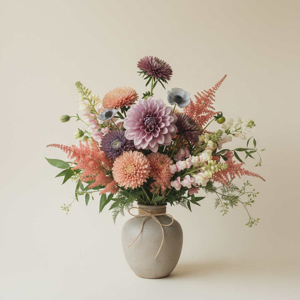 Bukett med dahlia, aster, solros – handbunden svensk sommarbukett