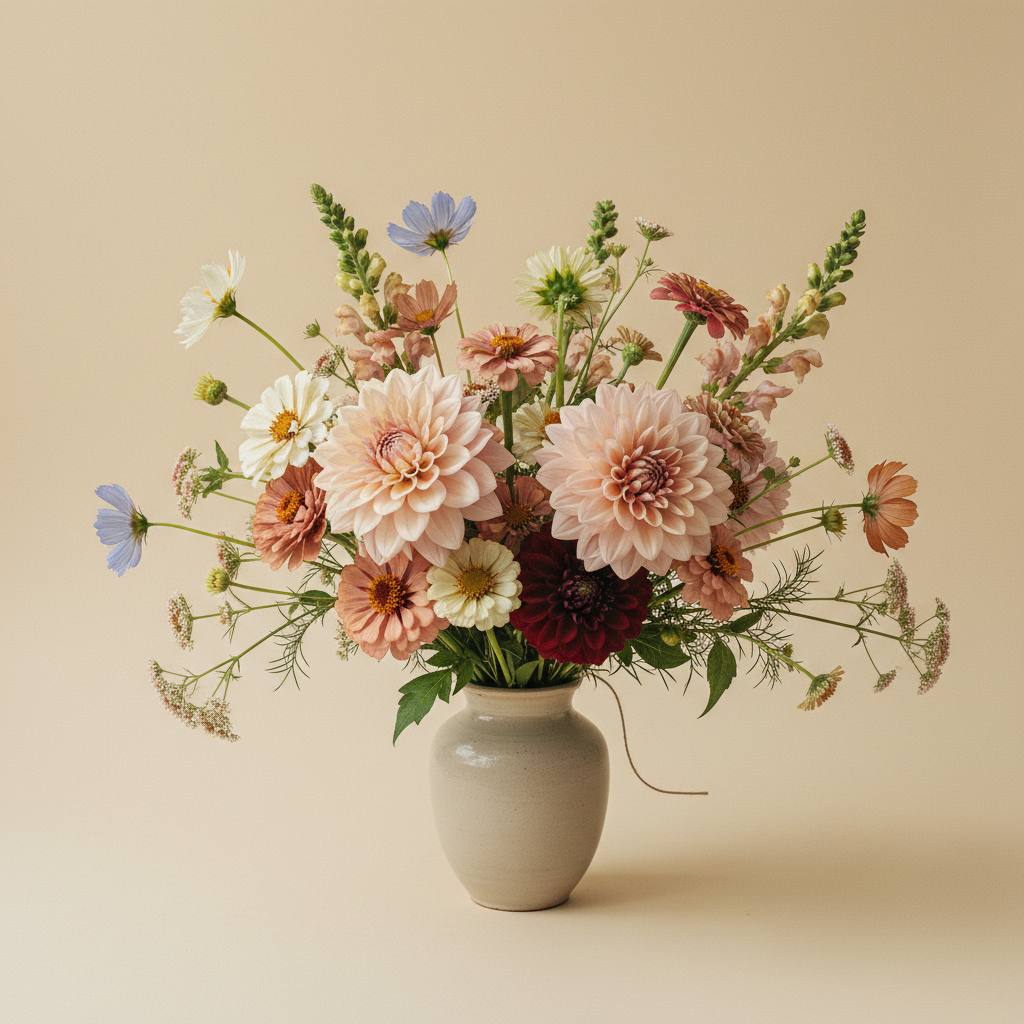 Bukett med dahlia, solros, zinnia – handbunden svensk sommarbukett