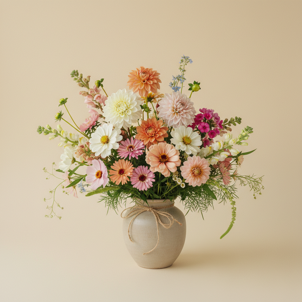 En bukett på 16 blommor med Dahlia 'Eveline', Dahlia 'Creme de Cognac', Dahlia 'Petra's Wedding'.