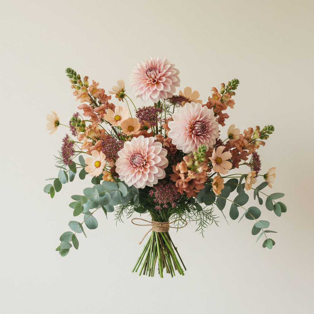 En bukett på 5 blommor med Dahlia 'Eveline'.