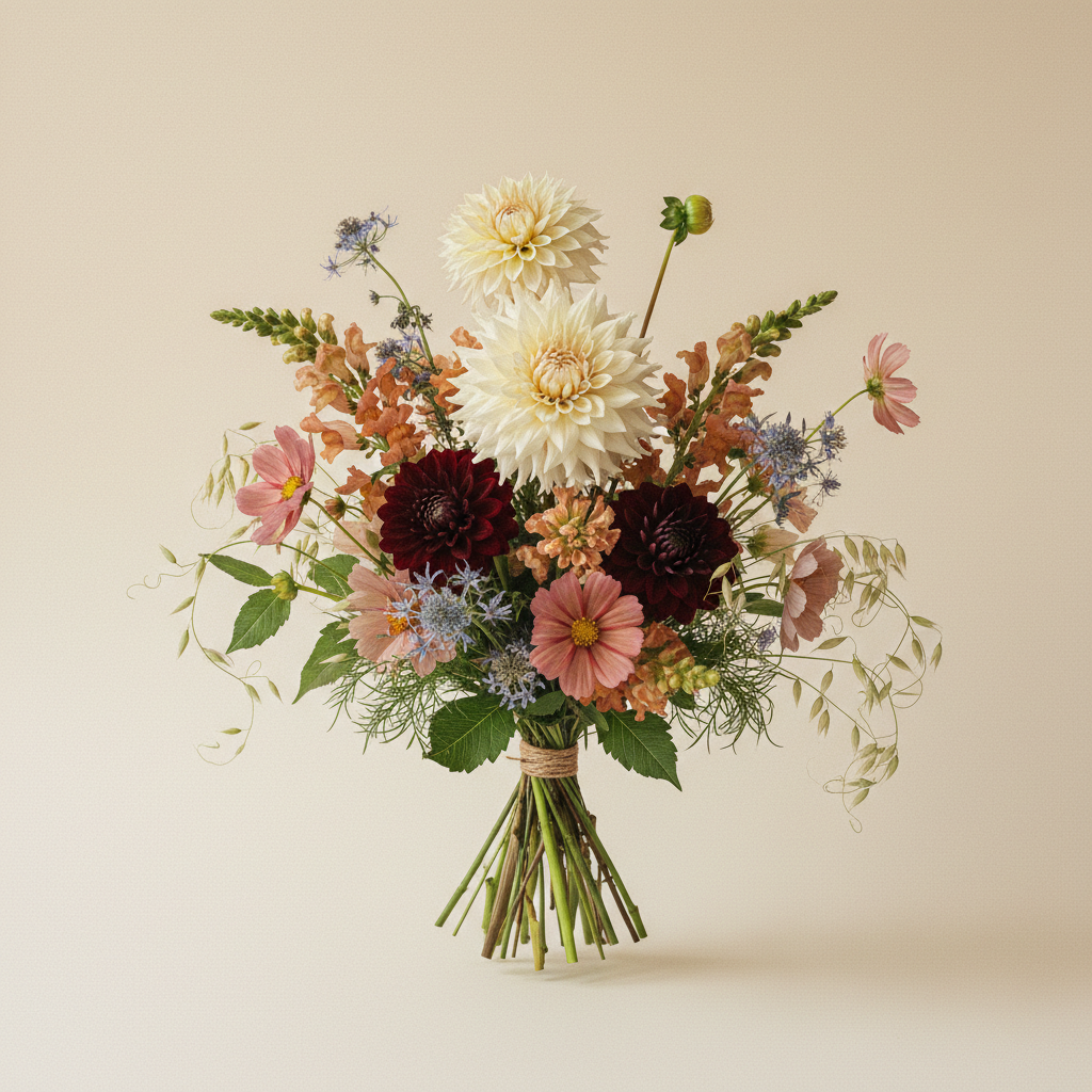 Bukett med dahlia, lejongap, cosmos – handbunden svensk sommarbukett