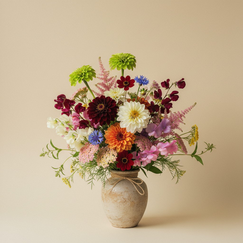 Bukett med zinnia, dahlia, rölleka – handbunden svensk sommarbukett
