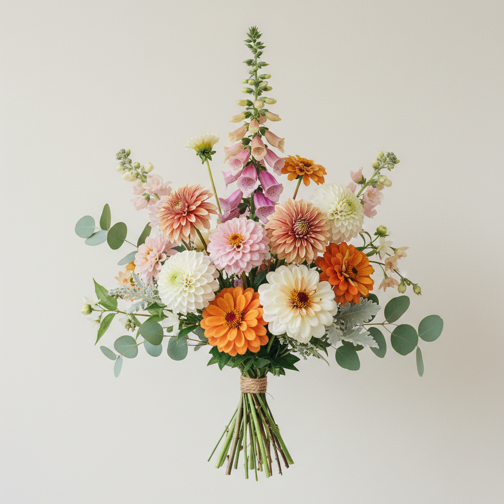 Bukett med fingerborgsblomma, dahlia, zinnia – handbunden svensk sommarbukett